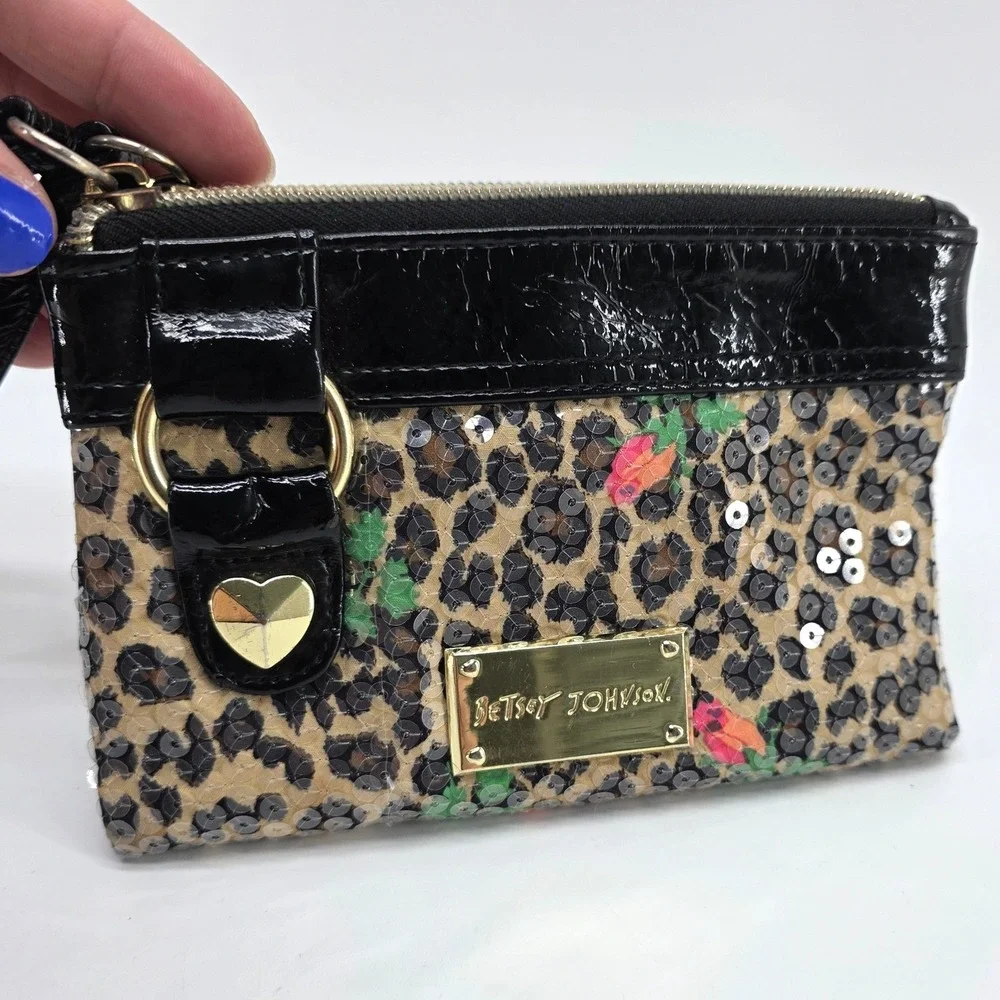 Betsey Johnson Wristlet Wallet Sequin Leopard Roses Gold Heart Bag Y2K Kitschy